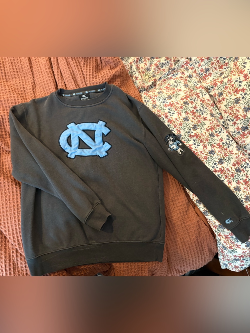 Dark Gray Crewneck Sweatshirt with Light Blue UNC Logo and Embroidered Ramsey